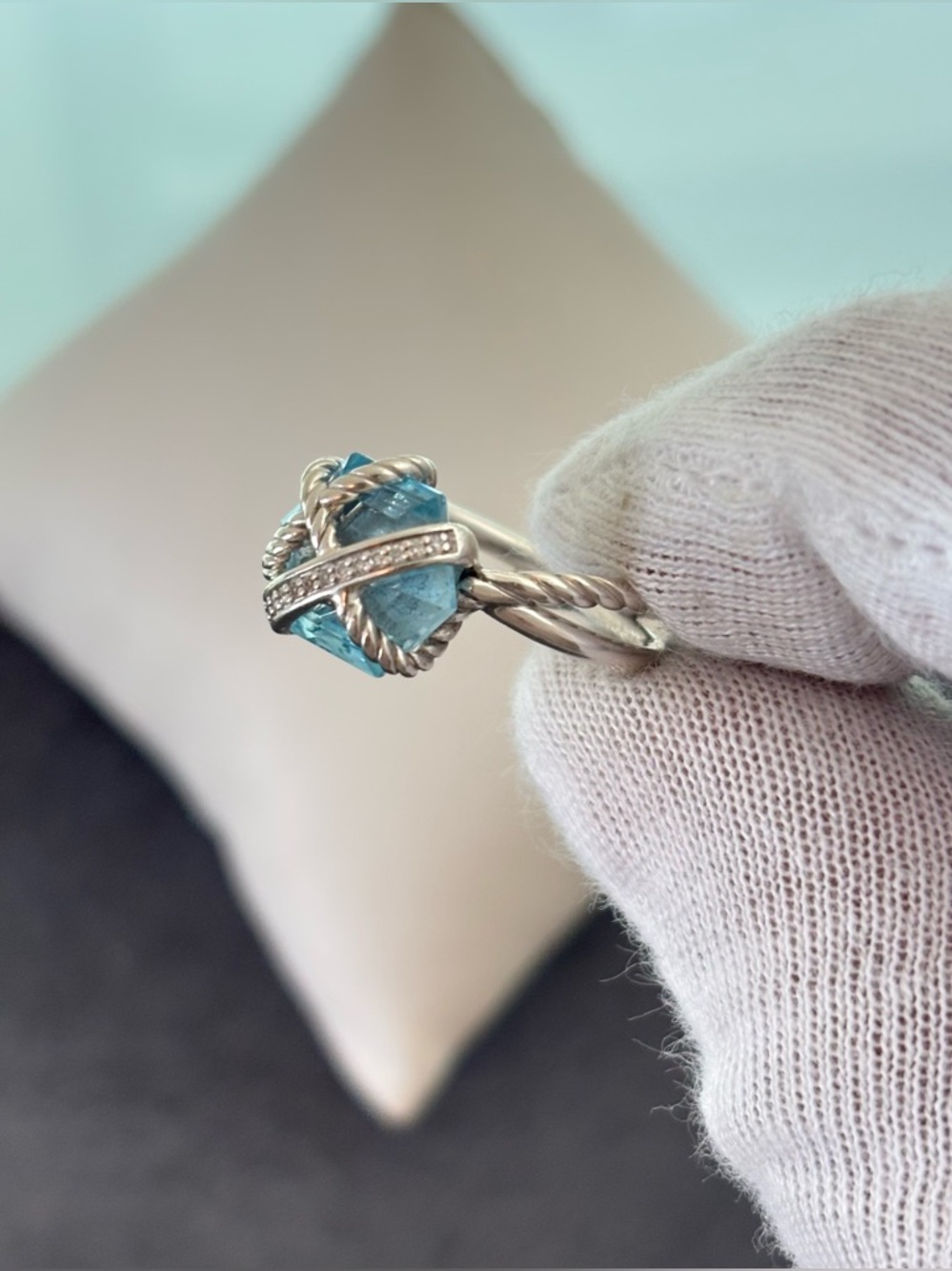 David Yurman Cable Wrap Ring with Blue Topaz & Diamonds 6.5 - Picture 4 of 10